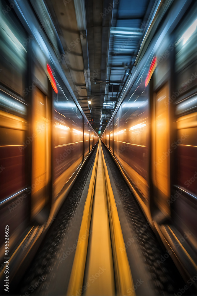 High speed train in tunnel subway station. Motion blur effect.