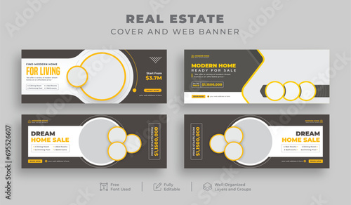 Real estate home sale or Construction renovation handyman Facebook cover pack for Realtor House rent repair, Editable Web banner for Interior Furniture Office sale, Social media cover bundle template