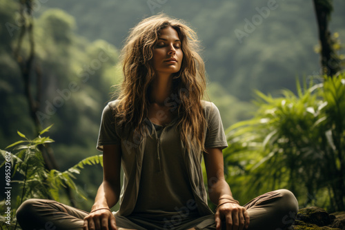 Young woman practicing breathing yoga pranayama outdoors in moss forest on background of waterfall. Unity with nature concept. Serene Summit - Young Woman Meditating .portrait of a woman photo