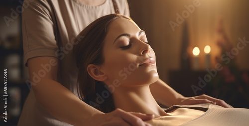 Gorgeous middle-aged lady receiving luxurious spa massage from skilled therapist while relaxing on massage bed with eyes shut.