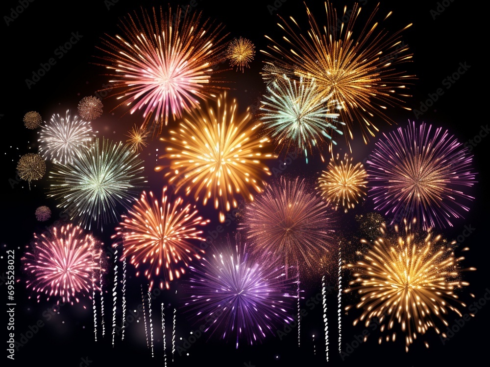 Colorful fireworks on the black sky background for celebration happy new year