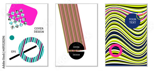 Geometric cover design, set of 3 covers. Abstract unusual background in Memphis style. Bright geometric shapes in random order