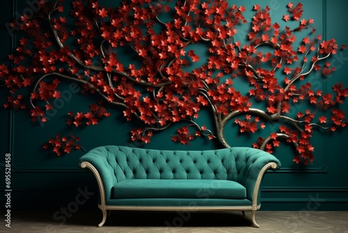 A whimsical 3D pattern of a maple tree with fiery red leaves above a silver velvet sofa on a deep emerald wall.