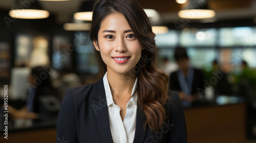 Happy young Asian saleswoman looking at camera welcoming client. Smiling woman executive manager, secretary offering professional business services holding digital tablet standing in office. Portrait.
