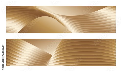 Wavy golden parallel gradient lines, ribbons, silk. Golden with shades of yellow background, banner, poster. Set of 2 backgrounds. Eps vector