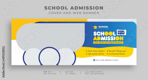 Facebook cover and web banner for school admissions, kids' online education social media posts, or back-to-school banners