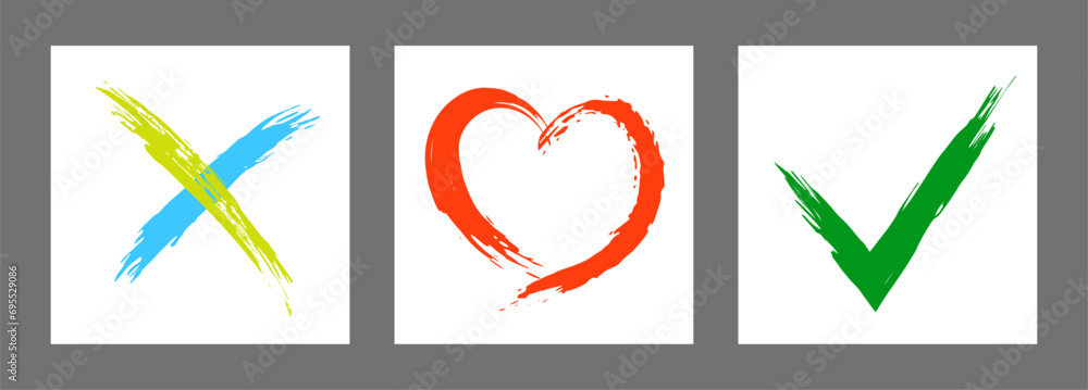 The cross, heart and OK symbol are hand-drawn with a brush. Prohibition, denial, error. Love. Approval, consent. Vector, set of 3 characters The cross, heart and OK symbol are hand-drawn with a brush. Prohibition, denial, error. Love. Approval, consent. Vector, set of 3 characters