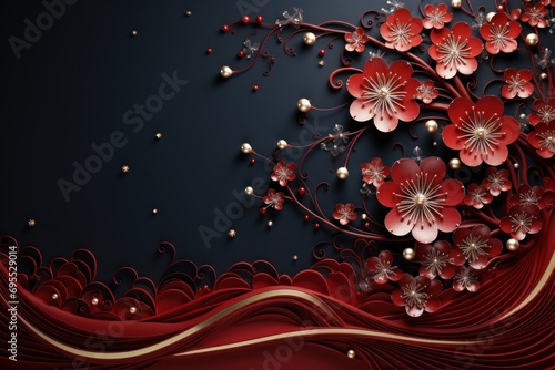  a red and black background with red flowers and pearls on the bottom of the image and a black background with red flowers and pearls on the bottom of the image.