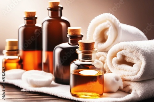 Brown glass closed bottles with aromatic essential oils and white rolled up towels. Spa body treatments, skin care, massage.