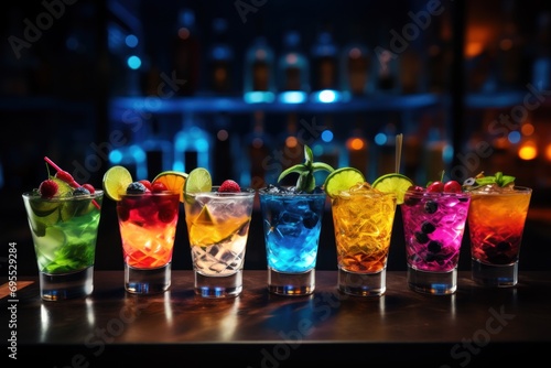  a row of different colored drinks sitting on top of a wooden table in front of a neon lit bar behind a row of glasses with limes and cherries.