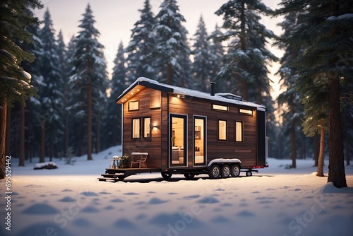 Movable tiny house parked on calm place at forest. ai generative photo