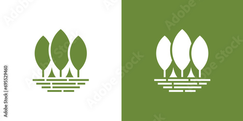 Minimalist Three Tree with Tent Logo. Forest Camping Lake Jungle Outdoor Simple Logo Design Template.
