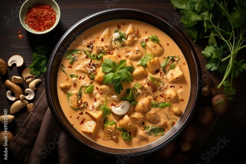  a bowl of soup with tofu, mushrooms, and cilantro on a table next to a bowl of seasoning and a bowl of mushrooms on the side.