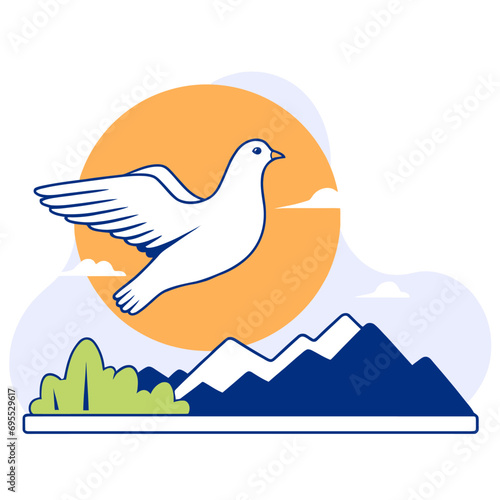 A colorful, abstract vector illustration depicting the concept of peace in the form of a single white dove flying against bright orange sun. photo