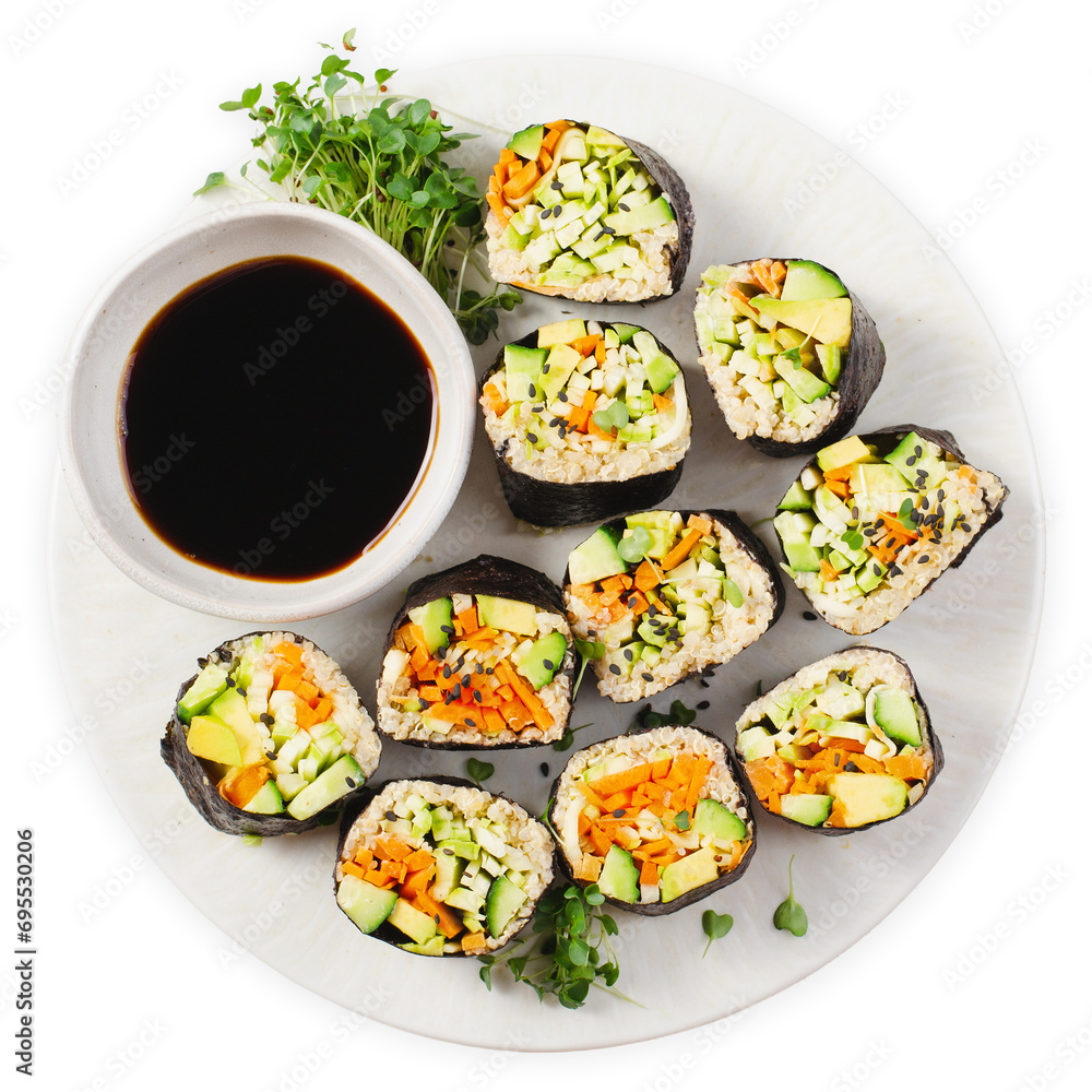 Vegan Sushi Rolls with Fresh Vegetables and Quinoa, Tasty Vegetarian Meal on White Background Vegan Sushi Rolls with Fresh Vegetables and Quinoa, Tasty Vegetarian Meal on White Background