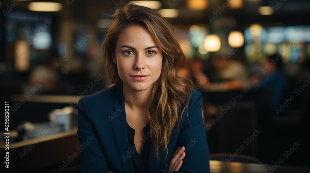 Fototapeta premium Resolute to succeed at any expense, capturing a striking young executive standing solo in the workplace with arms crossed during a late work session.