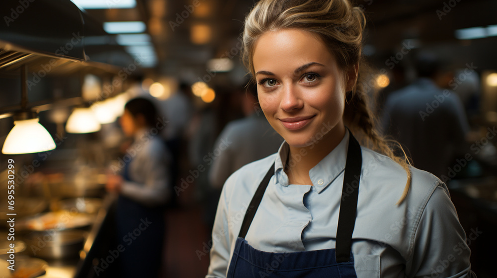 
Young waitress working in a restaurant. Blonde woman wearing apron and working in the kitchen of a bar. Girl chef happy at her work.