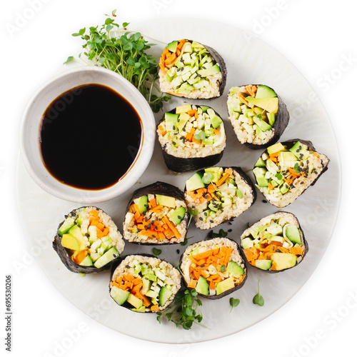 Vegan Sushi Rolls with Fresh Vegetables and Quinoa, Tasty Vegetarian Meal on White Background