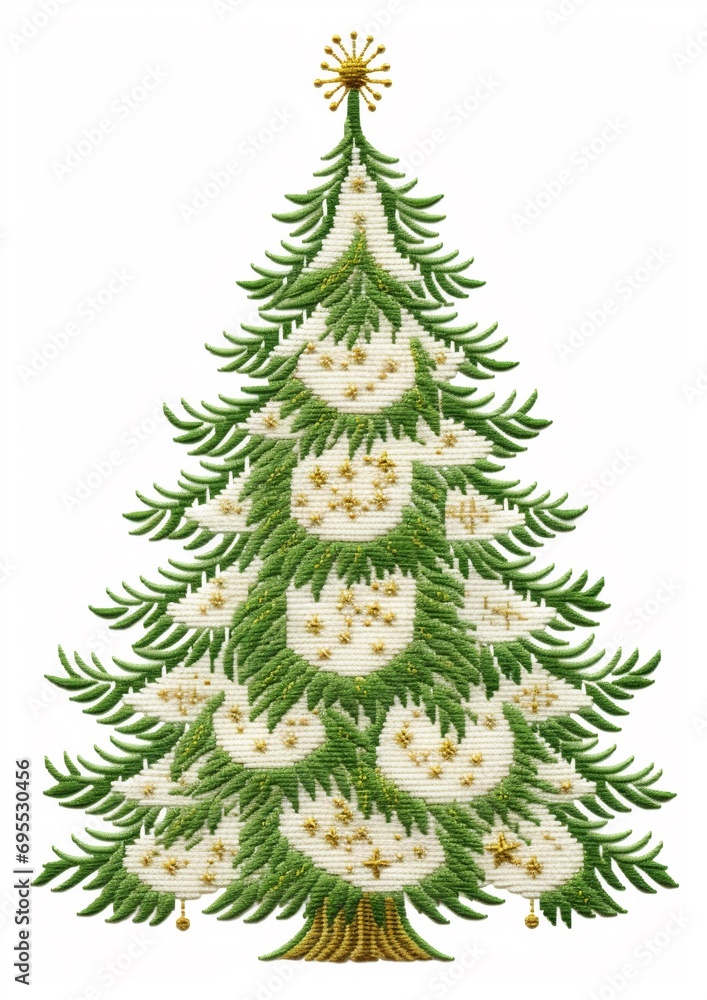 Fototapeta premium An embroidery Christmas tree isolated on white background, copy space. Creative Christmas Concept