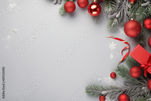  a gray background with red and silver ornaments and a red gift box with a red ribbon and a red bow on top of a fir tree with snow flakes.
