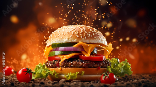 Fresh crispy fried chicken burger sandwich with flying ingredients and spices hot ready to serve and eat food commercial advertisement menu banner with copy space area - Generated by Generative AI	
 photo