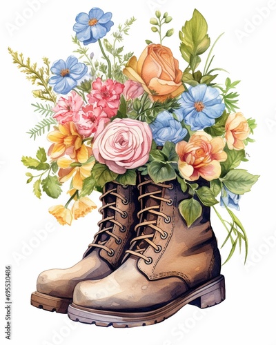 watercolor illustration of spring floral bouquet in pair of boots isolated on white background, concept of postcard and greeting card illustration.