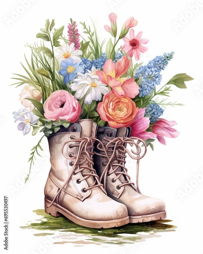 watercolor illustration of spring floral bouquet in pair of boots isolated on white background, concept of postcard and greeting card illustration.