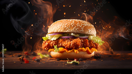 Fresh crispy fried chicken burger sandwich with flying ingredients and spices hot ready to serve and eat food commercial advertisement menu banner with copy space area - Generated by Generative AI	
 photo