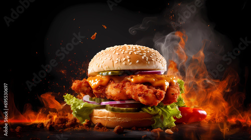 Fresh crispy fried chicken burger sandwich with flying ingredients and spices hot ready to serve and eat food commercial advertisement menu banner with copy space area - Generated by Generative AI 