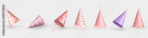 Three dimensional realistic pastel pink and purple birthday hats or party paper caps in cone shape with  different patterns, colorful ribbons and bows. 3d party hats for celebration event, anniversary photo