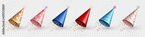 Three dimensional realistic birthday hats or festive party paper caps, cones with colorful confetti ribbons, serpentine explosion. 3d red, blue, golden, pink party popper for anniversary celebration