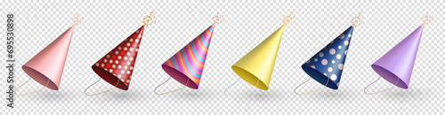 Set of colorful 3d realistic party hats for birthday celebration. Three dimensional isometric birthday caps, festive glossy party cones with pattern and ribbons, serpentine for carnival, masquerade