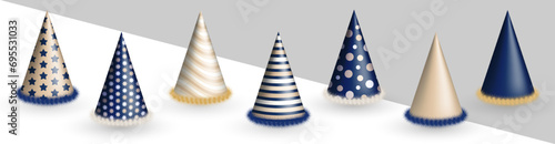 Set of various three dimensional realistic dark blue and beige birthday hats or party paper caps in cone shape with fluffy fur. 3d party hats clip art for celebration event, anniversary