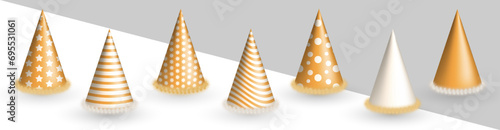 Collection of realistic 3d golden Birthday party hats with fluffy fur and pattern isolated on transparent background. 3d orange party cones, yellow paper caps for festival, carnival, celebration