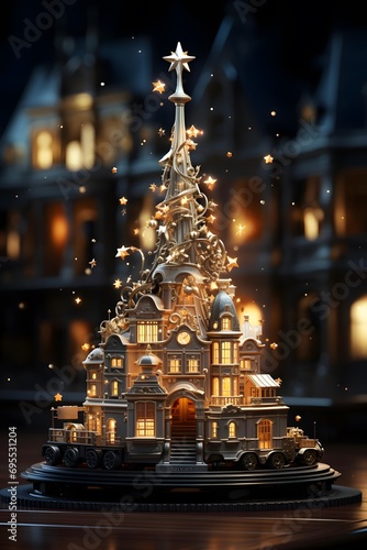 Christmas decoration with christmas tree in the city. 3d illustration