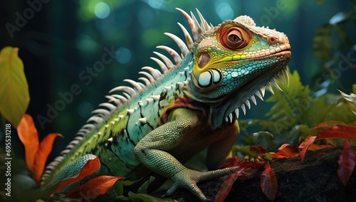 Green tropical lizard perched on the ground close to the forest.