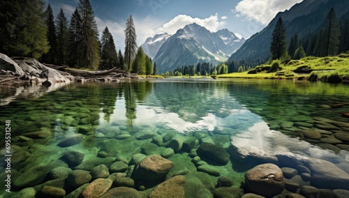 Calm pond with green grass and rocks that reflect a mountain lake