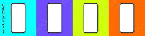 Realistic smartphone with blank touch screen on colorful background. Frameless mobile phone in front view. High quality detailed device mockup. Vector illustration