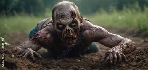Zombie crawls on the ground. Creep and fear. Horror