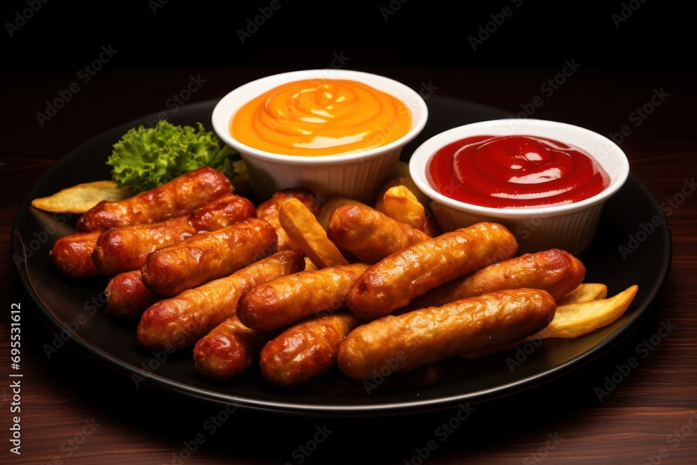  a plate of hot dogs, french fries, ketchup, and lettuce with a side of ketchup and mustard on a black plate on a wooden table.