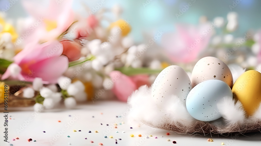 Easter eggs on soft feathers with spring flowers. Pastel eggs with feathers in a floral setting. Colorful Easter celebration with feathers and eggs. Festive background