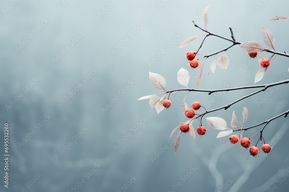 a branch with red berries hanging from it's leaves and a foggy sky in the background with only one tree branch in the foreground and one branch with red berries in the foreground. a branch with red berries hanging from it's leaves and a foggy sky in the background with only one tree branch in the foreground and one branch with red berries in the foreground.