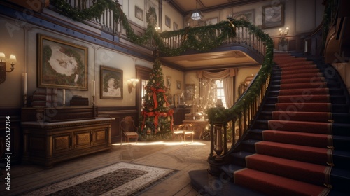 Explore the hyper-realistic scene of a Christmas invitation in a vintage hall, a grand staircase and Christmas tree
