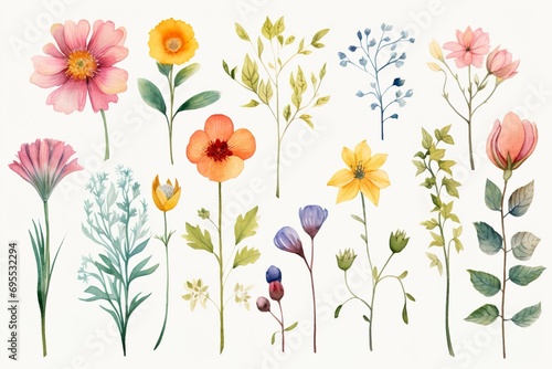 collection of beautiful flowers in watercolor effect made with generative ai  © smoke