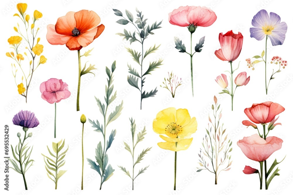 collection of beautiful flowers in watercolor effect made with generative ai 