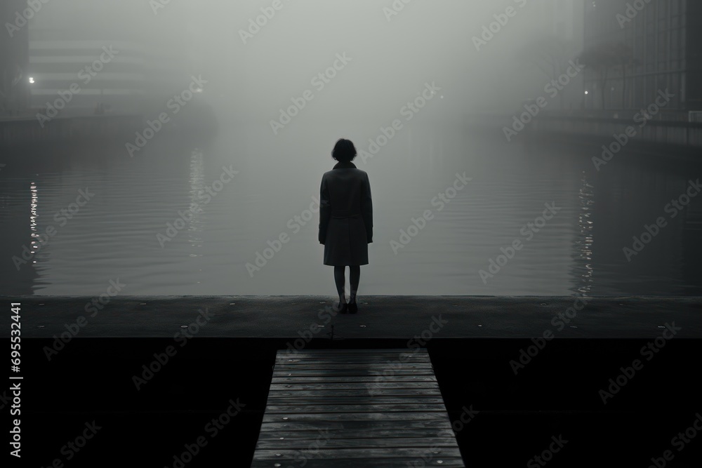  a person standing in front of a body of water on a foggy day with a boat in the water and a person standing on a dock in front of the water.
