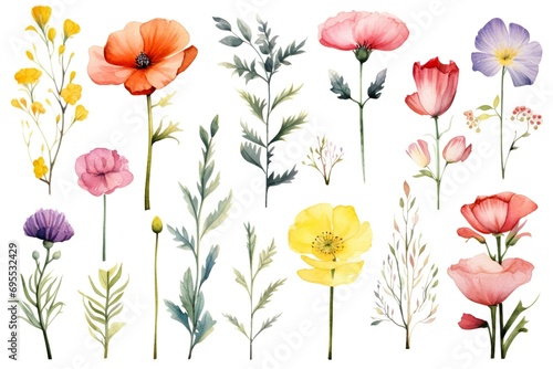 collection of beautiful flowers in watercolor effect made with generative ai 