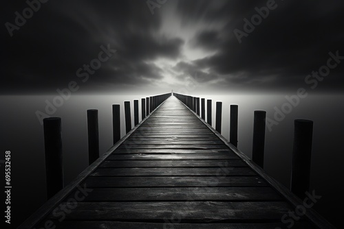  a black and white photo of a dock in the middle of a body of water with dark clouds in the sky and the end of the dock in the foreground.