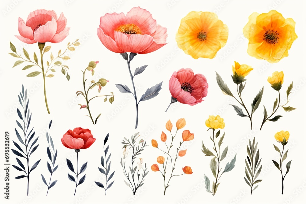 collection of beautiful flowers in watercolor effect made with generative ai 