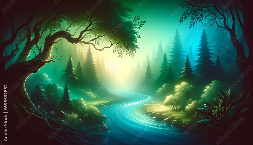 Gradient color background image with a mystical forest river theme
